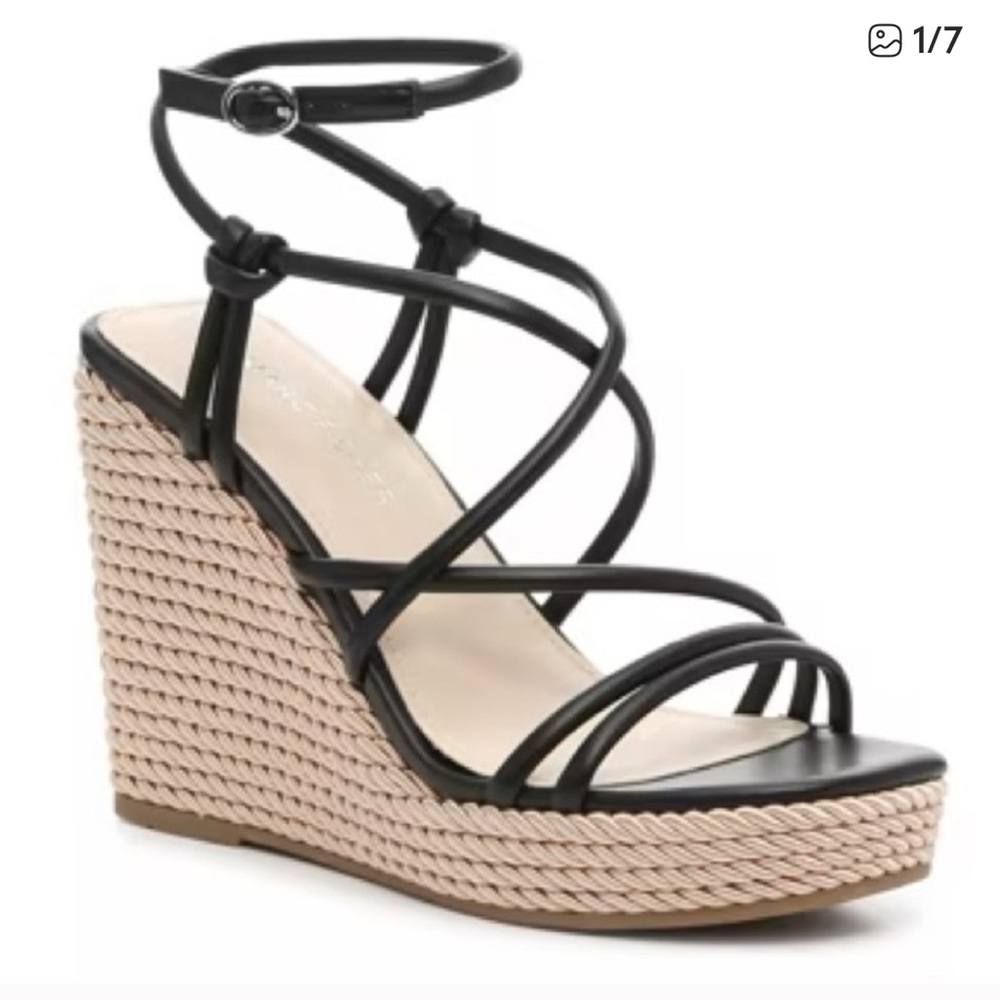 New Marc Fisher Zesty Black Espadrille Wedge Sandals Size 6.5